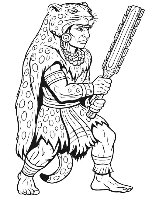 Aztec coloring page of a jaguar warrior