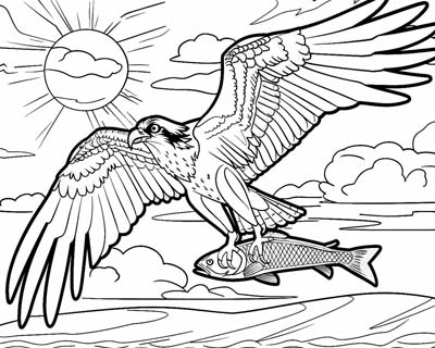osprey with a fish coloring page with bold lines