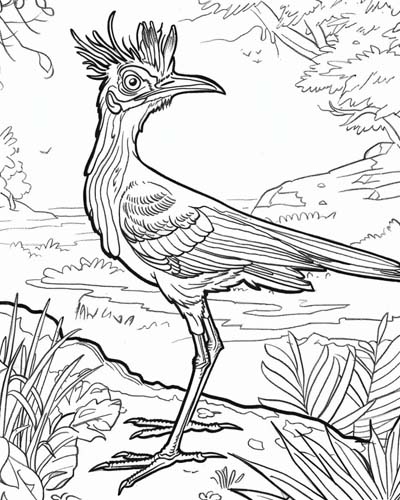 coloring page of a realistic roadrunner