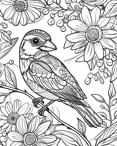 sparrow and flowers coloring page