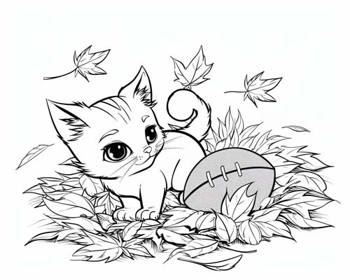 coloring page of a kitten, a football and a pile of leaves