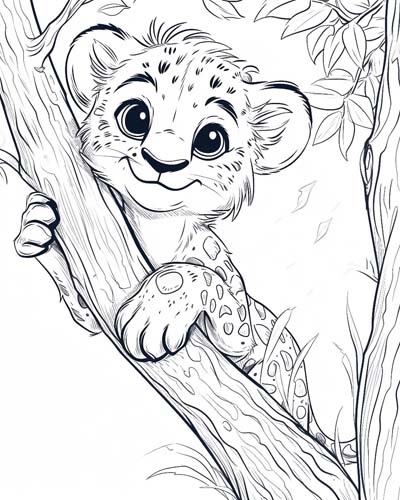 Cartoon cheetah cub in a tree coloring page