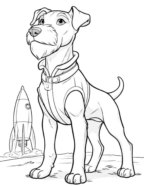 cartoon coloring page of Laika the first dog in space