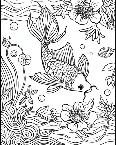 koi and water lilies coloring page