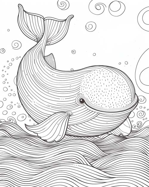graphic coloring page of a whale