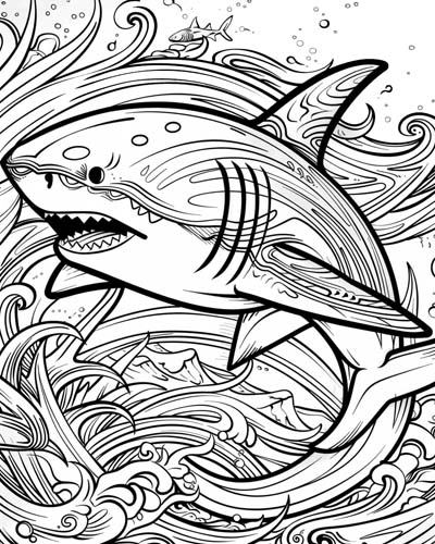 adult coloring page of a great white shark breeching