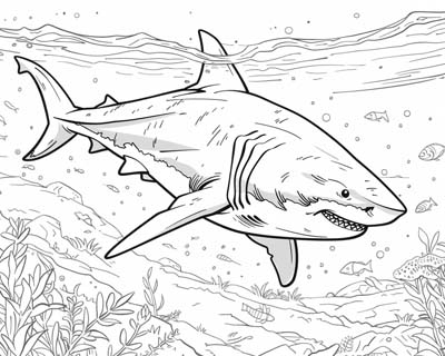 coloring page of a great white shark with his fin exposed