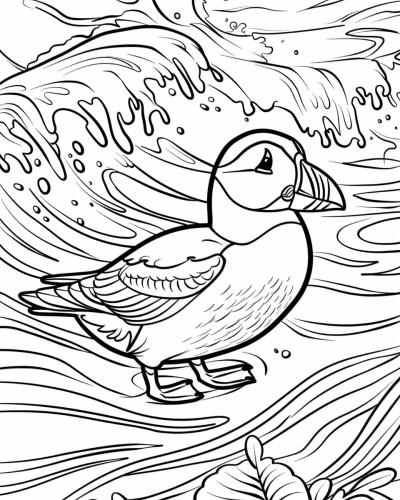 coloring page of a puffin in the ocean waves