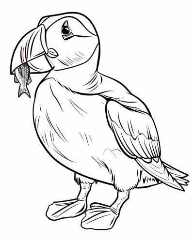 coloring page of a puffin with a fish in his mouth
