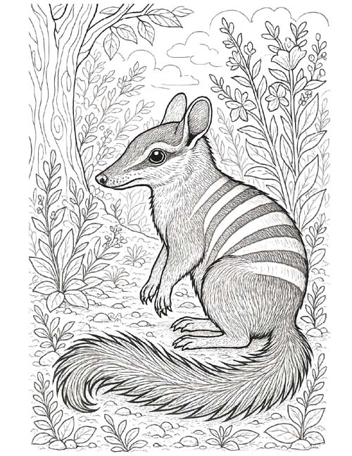 detailed coloring page of a Numbat