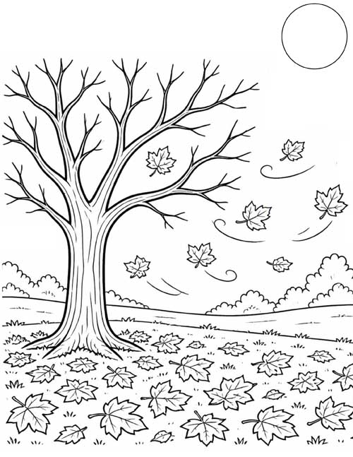 cartoon coloring page of a tree losing its leaves in autumn