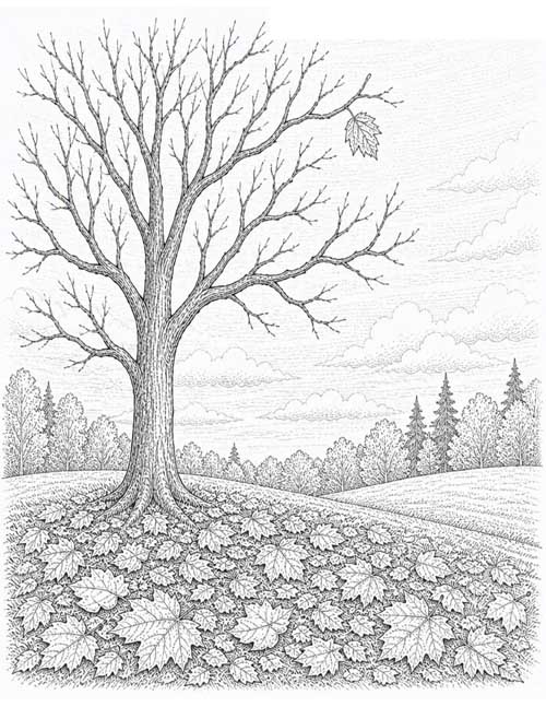 detailed, fine line coloring page of a tree losing its leaves in autumn