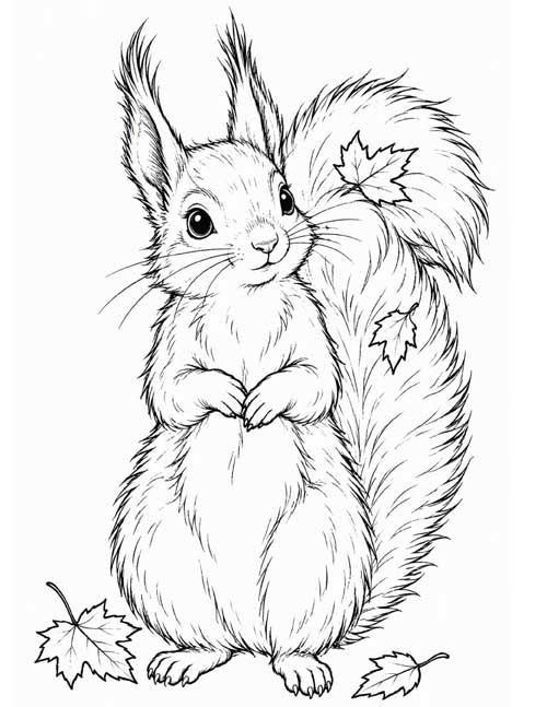 detailed, fine line coloring page of a red squirrel in autumn