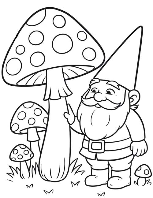classic coloring page of David the gnome in the mushrooms
