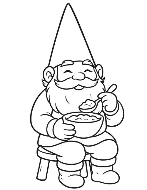 classic coloring page of David the gnome eating porridge