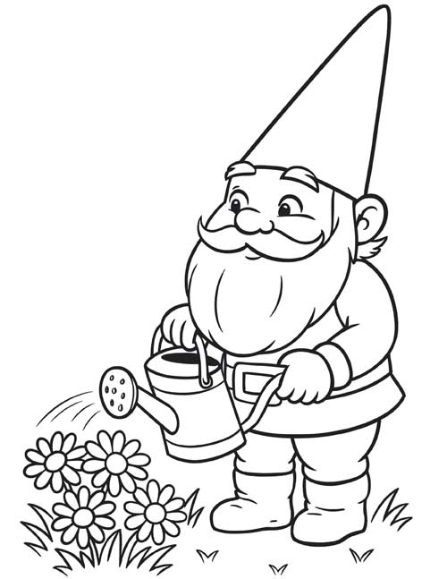 classic coloring page of David the gnome waters his daisies