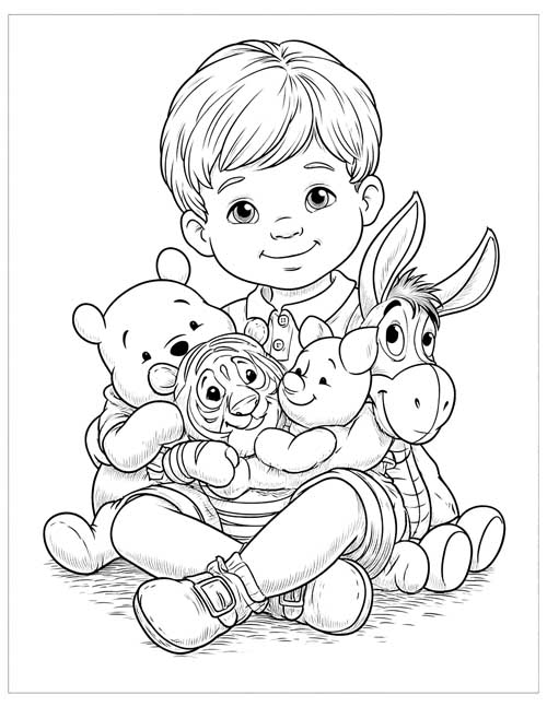 Ink sketch coloring page of a smiling boy cuddling a Pooh bear, a tiger, a piglet and a donkey