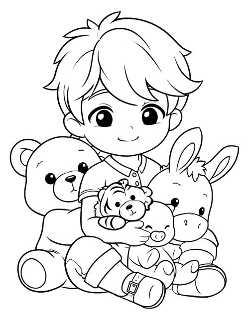 Coloring page of a cartoon boy hugging his Pooh, Tigger, Piglet and Eeyore stuffies