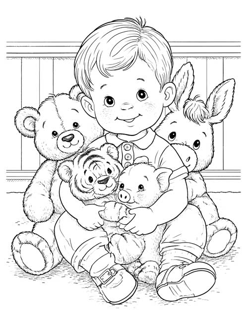 Detailed coloring page of a smiling boy sitting on the floor hugging a bear, a tiger and a piglet with a donkey behind