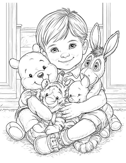 Detailed coloring page of a boy hugging Pooh, Tigger, Piglet and Eeyore stuffies
