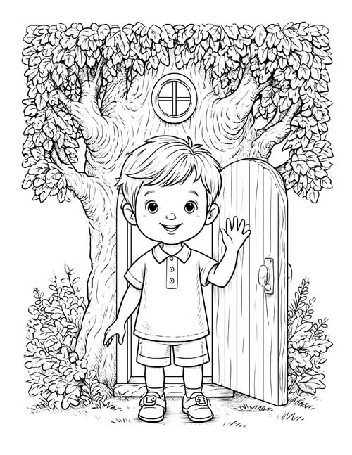 Coloring page of a boy waving beside a big tree with a round window and an open wooden door