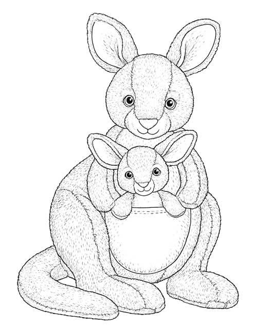 Detailed coloring page of a plush Kanga with baby Roo peeking out of her pouch