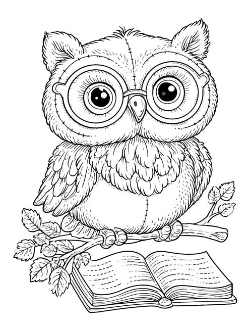 Coloring page of a stitched Owl stuffy with round glasses sitting on a leafy branch above an open book