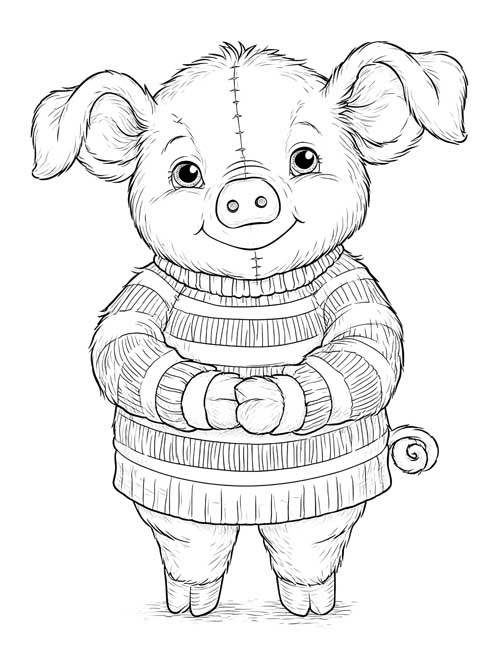 Coloring page of a fuzzy Piglet stuffy in a striped turtleneck sweater with a stitched seam down his face
