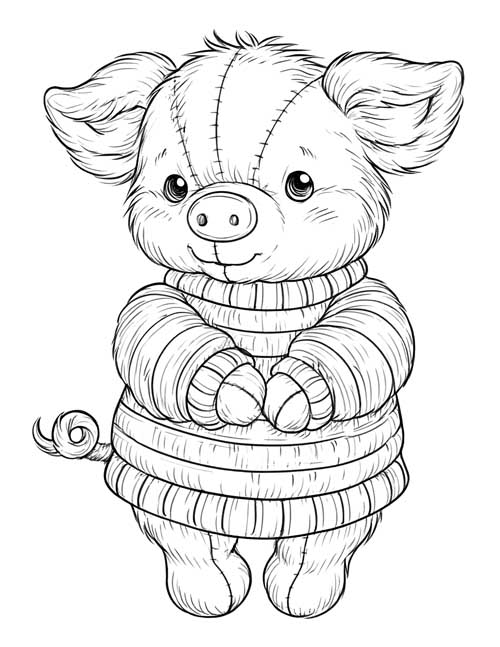 Coloring page of a detailed Piglet stuffy in a chunky knitted sweater with a curly tail