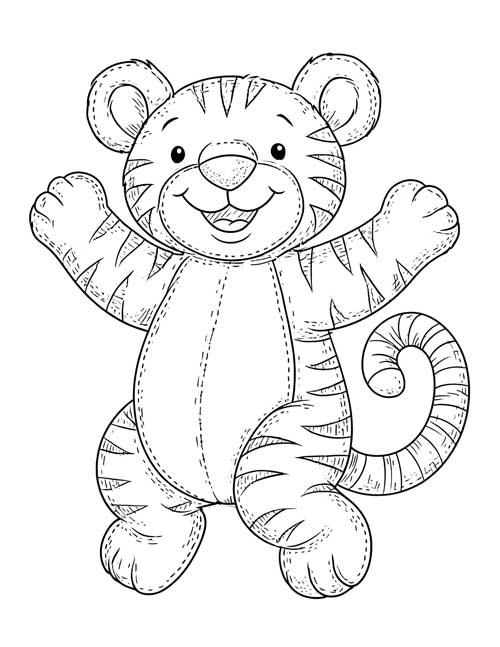 Coloring page of a cheerful Tigger stuffy with stitched seams and striped arms raised in the air