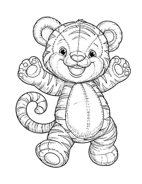 Detailed coloring page of a fuzzy Tigger stuffy with stitched seams, striped legs and a curly tail
