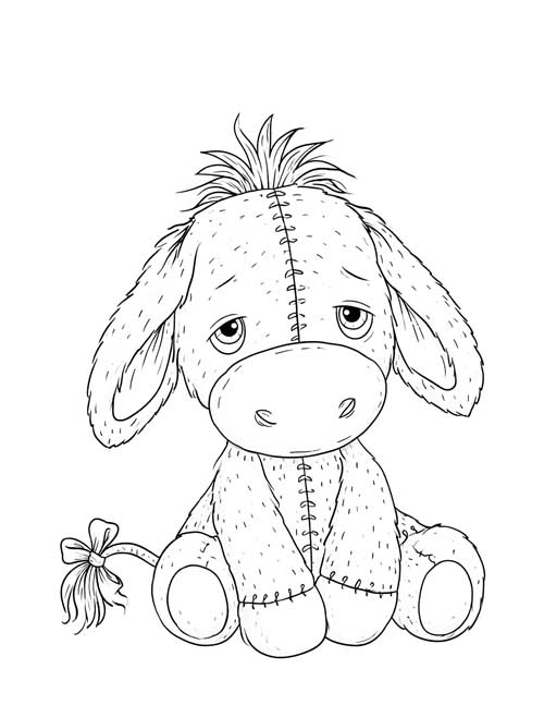 Ink sketch coloring page of a fuzzy Eeyore stuffy with a stitched seam and a bow on his tail
