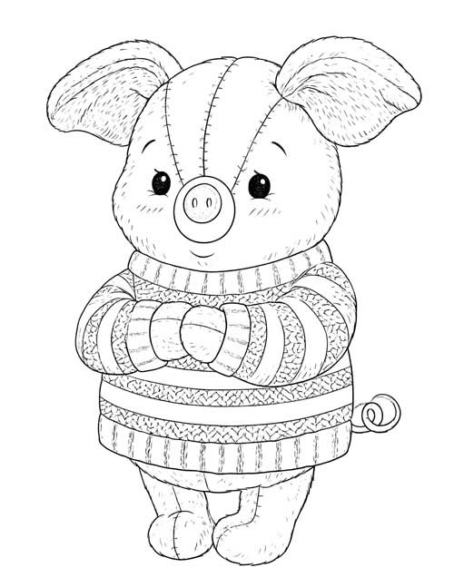 Ink sketch coloring page of a stitched Piglet stuffy in a patterned sweater with a curly tail