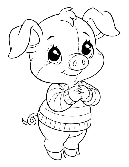 Coloring page of Piglet in a striped sweater with big sparkly eyes and clasped hands