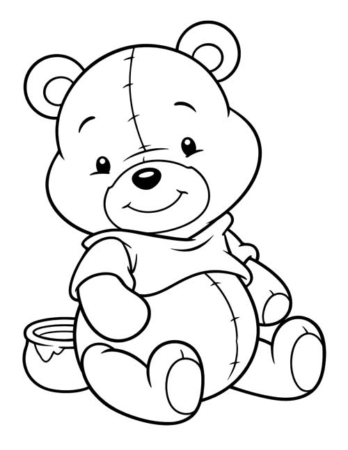 Coloring page of a Pooh bear stuffy sitting beside a pot of honey