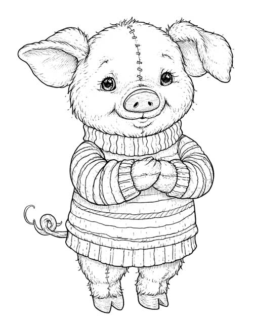 Coloring page of a shy Piglet with a stitched seam, a turtleneck sweater and a curly tail