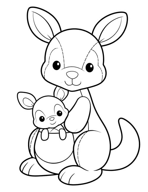 Coloring page of a Kanga stuffy with baby Roo peeking out of her pouch