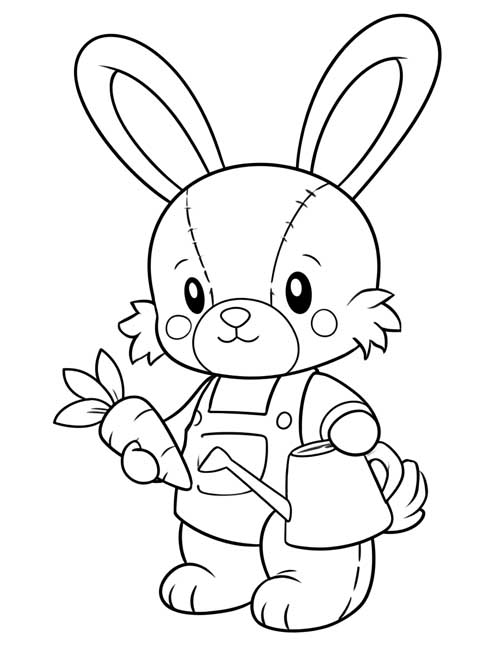 Coloring page of a Rabbit stuffy in overalls holding a carrot and a watering can