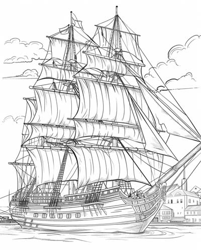 coloring page of a tall ship in the harbour