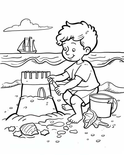 coloring page of a sand castle on the beach