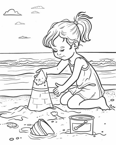 coloring page of a sand castle on the beach