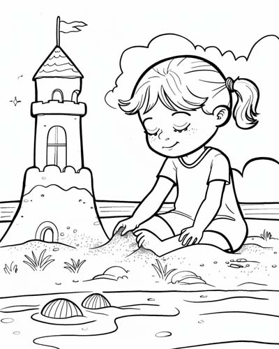 coloring page of a sand castle on the beach