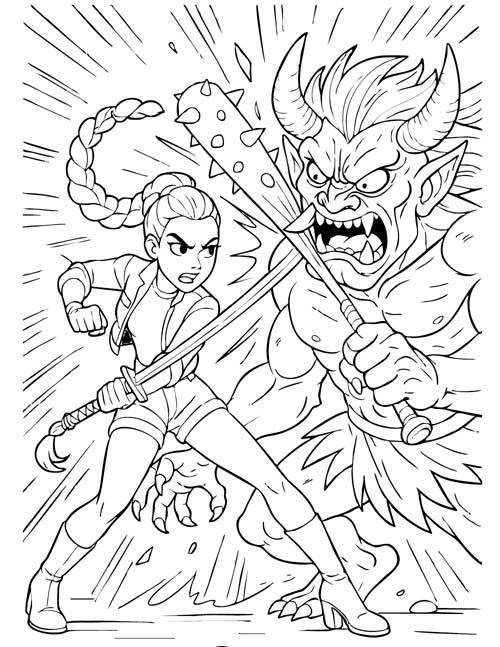 k-pop demon hunters coloring page of Rumi battling a demon