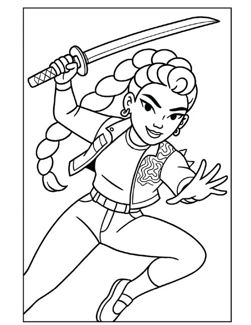 k-pop demon hunters coloring page of Rumi with a saingeom