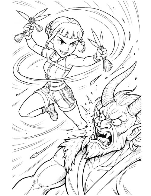 k-pop demon hunters coloring page of Zoey battling a demon
