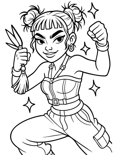 k-pop demon hunters coloring page of Zoey with a shin-kal