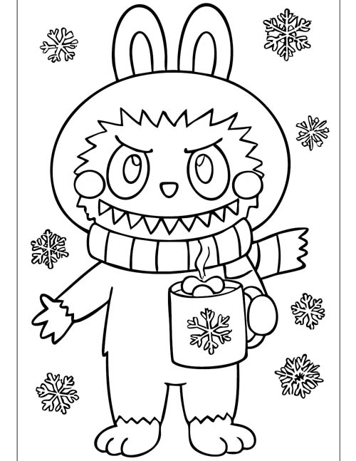 labubu coloring page of winter cocoa character