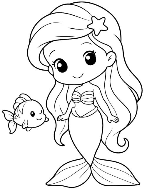 preschool coloring page of the little mermaid and a fish