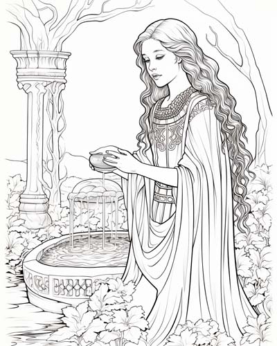 Brigid beside a well 
coloring page