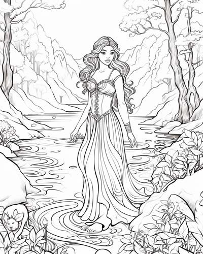 coloring page of Danu standing near a stream